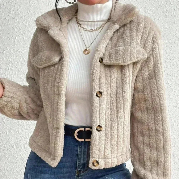 Apricot Casual Women's Flap Detail Fluffy Jacket - Picture 7 of 7